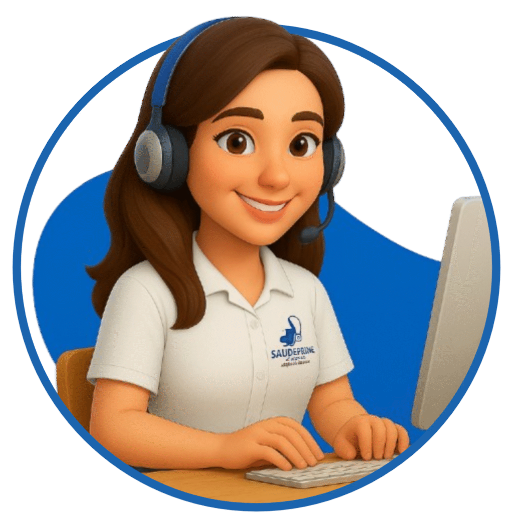 Ilustração 3D de atendente da Clínica Saúde Prime com headset, sorrindo e digitando no computador