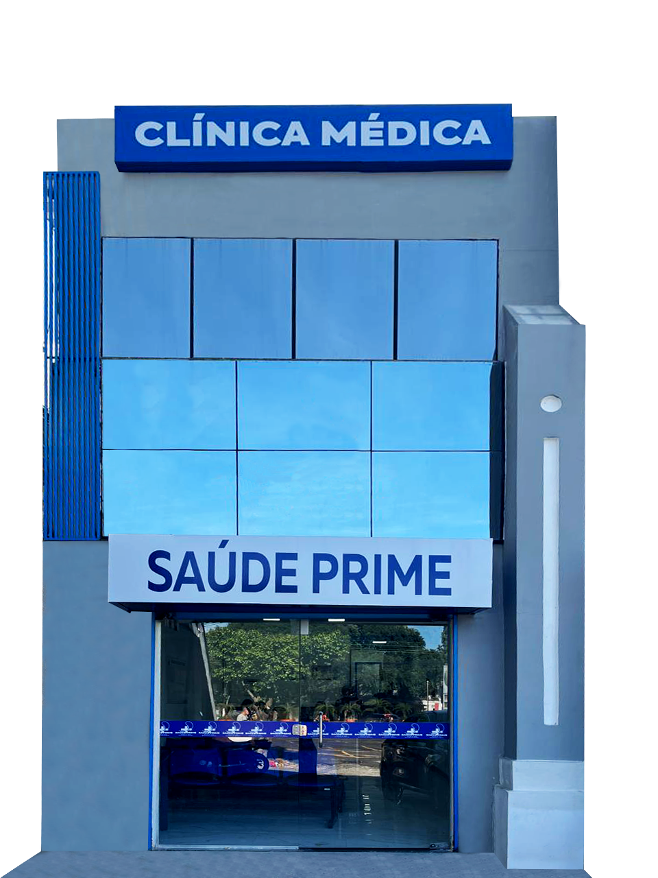 Fachada da Clínica Saúde Prime em Manaus com entrada moderna e letreiro azul