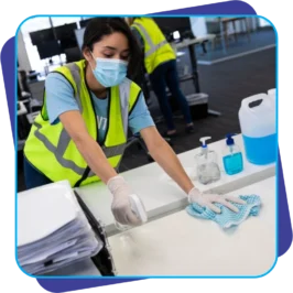 Profissional realiza higienização em ambiente de trabalho com equipamentos de proteção e produtos adequados