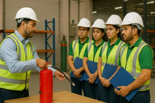 Treinamento prático da CIPA em Manaus – colaboradores aprendem o uso correto de extintor de incêndio.