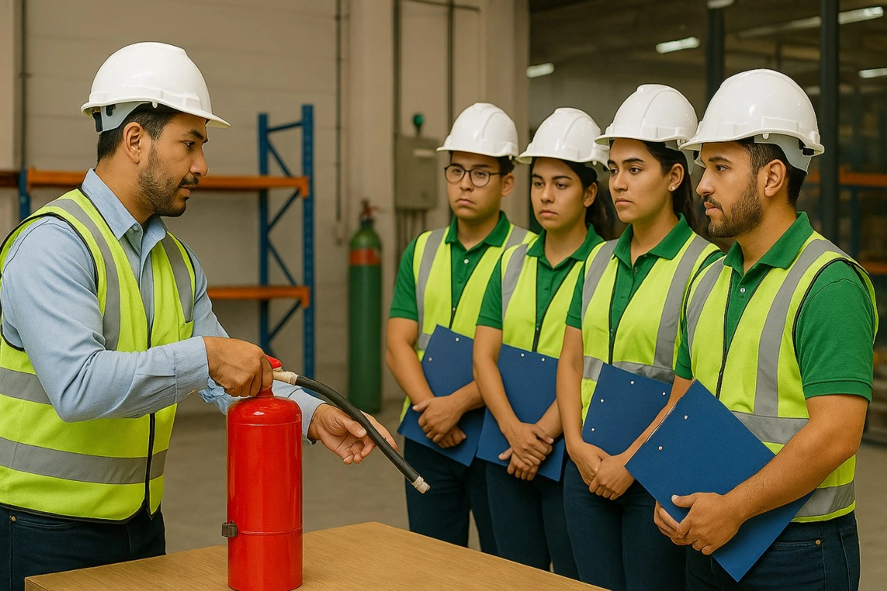 Treinamento prático da CIPA em Manaus – colaboradores aprendem o uso correto de extintor de incêndio.