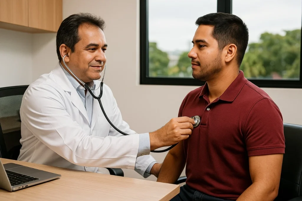 medico-do-trabalho-realizando-exame-clinico-em-colaborador-com-estetoscopio-em-manaus