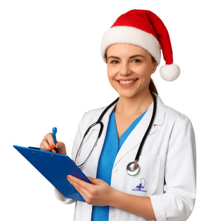 Médica da Saúde prime com gorro do papai Noel