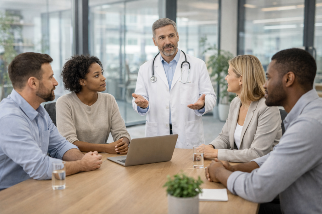 Profissional de saúde ocupacional orienta colaboradores em reunião corporativa sobre prevenção, saúde mental e bem-estar no ambiente de trabalho.