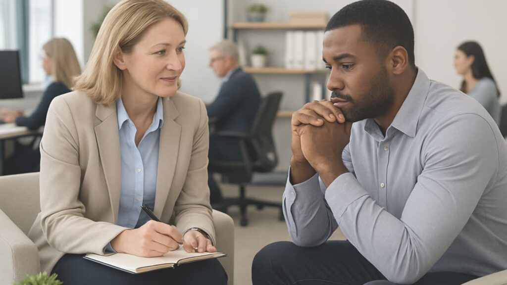 Profissional de saúde ocupacional orienta colaboradores em reunião corporativa sobre prevenção, saúde mental e bem-estar no ambiente de trabalho.