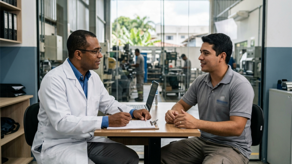 Médico do trabalho em consulta com colaborador de empresa em Manaus avaliando riscos psicossociais conforme exigência da NR-01