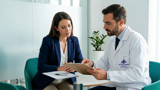 Médico do trabalho e gestora de RH analisando exame admissional em clínica de medicina ocupacional em Manaus
