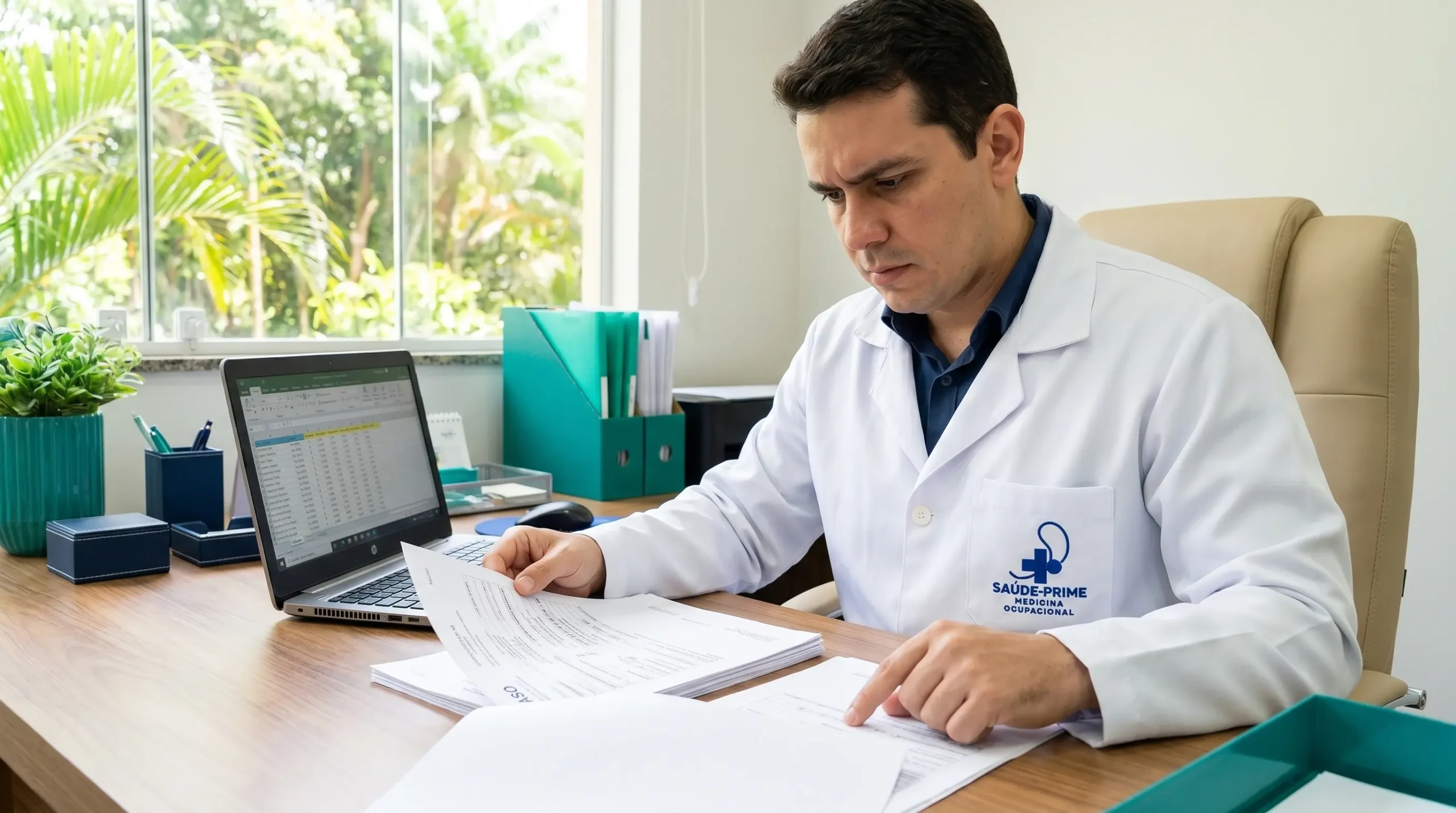 Médico do trabalho revisando documentos ASO em clínica de medicina ocupacional em Manaus