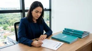 Gestora de RH revisando checklist de conformidade trabalhista RH Manaus no escritório