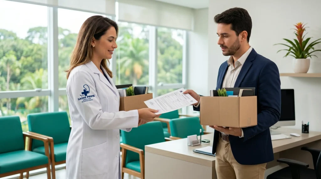 Médico do trabalho entrega ASO de exame demissional a colaborador em clínica de Manaus