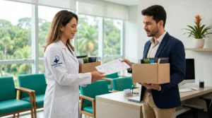 Médico do trabalho entrega ASO de exame demissional a colaborador em clínica de Manaus