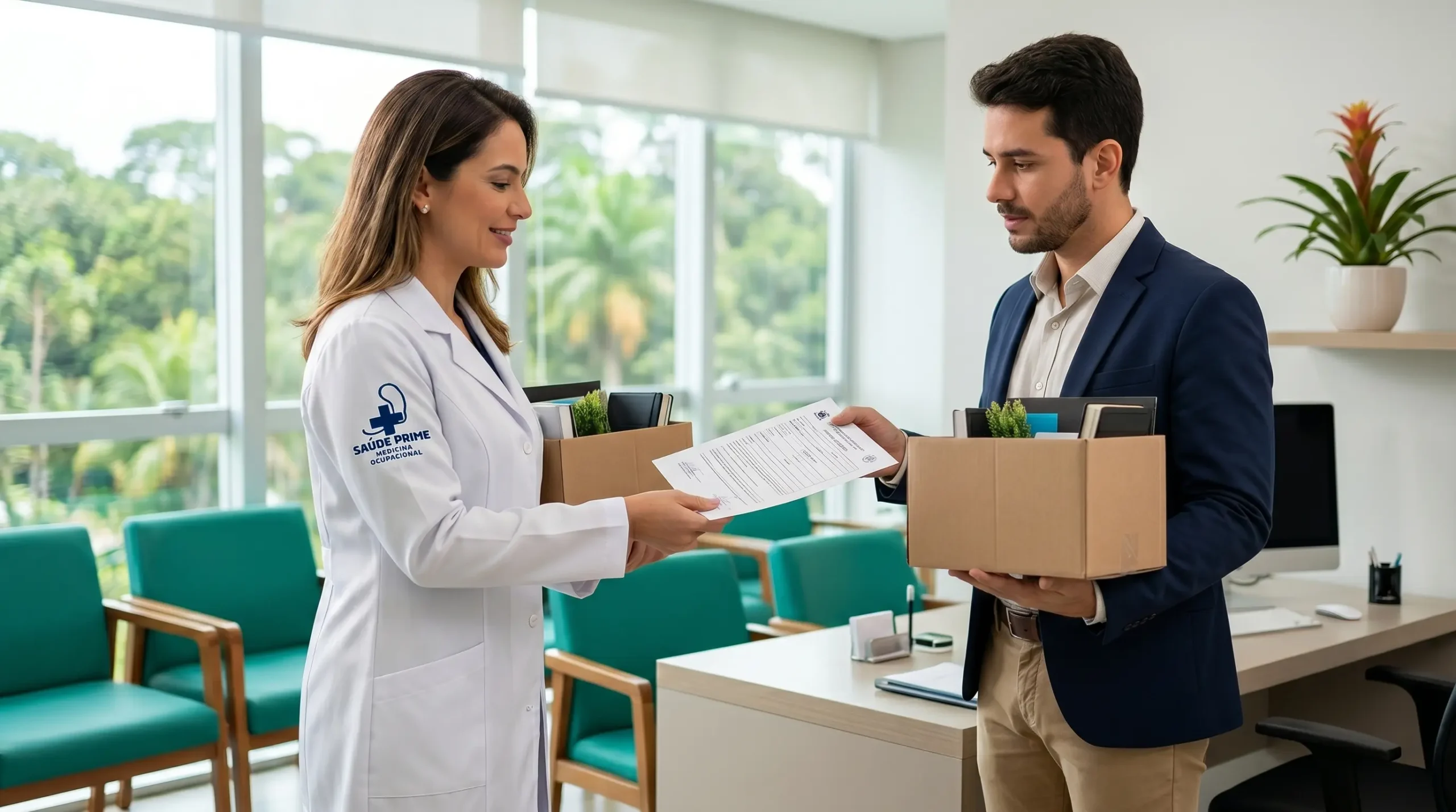 Médico do trabalho entrega ASO de exame demissional a colaborador em clínica de Manaus