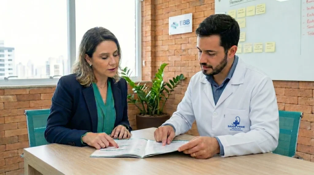 Médico do trabalho orientando empresário sobre medicina ocupacional para pequena empresa em Manaus