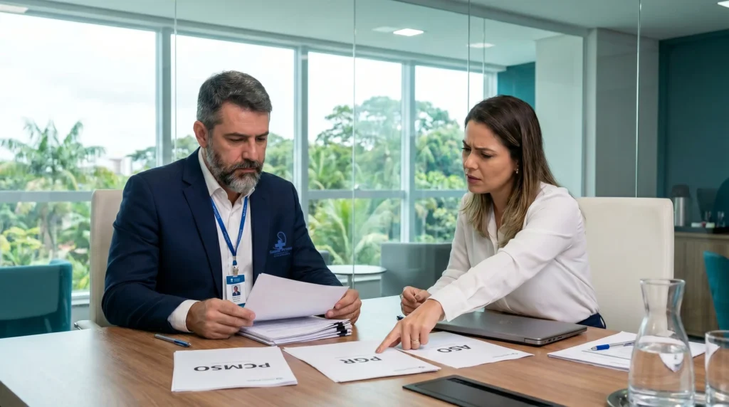 Auditor do trabalho verificando documentos de medicina ocupacional com gestora de RH em empresa de Manaus para evitar Multa medicina ocupacional empresa Manaus