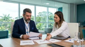 Auditor do trabalho verificando documentos de medicina ocupacional com gestora de RH em empresa de Manaus para evitar Multa medicina ocupacional empresa Manaus