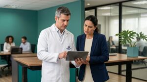 Médico e gestora de RH analisando multas eSocial SST 2026 em empresa de Manaus