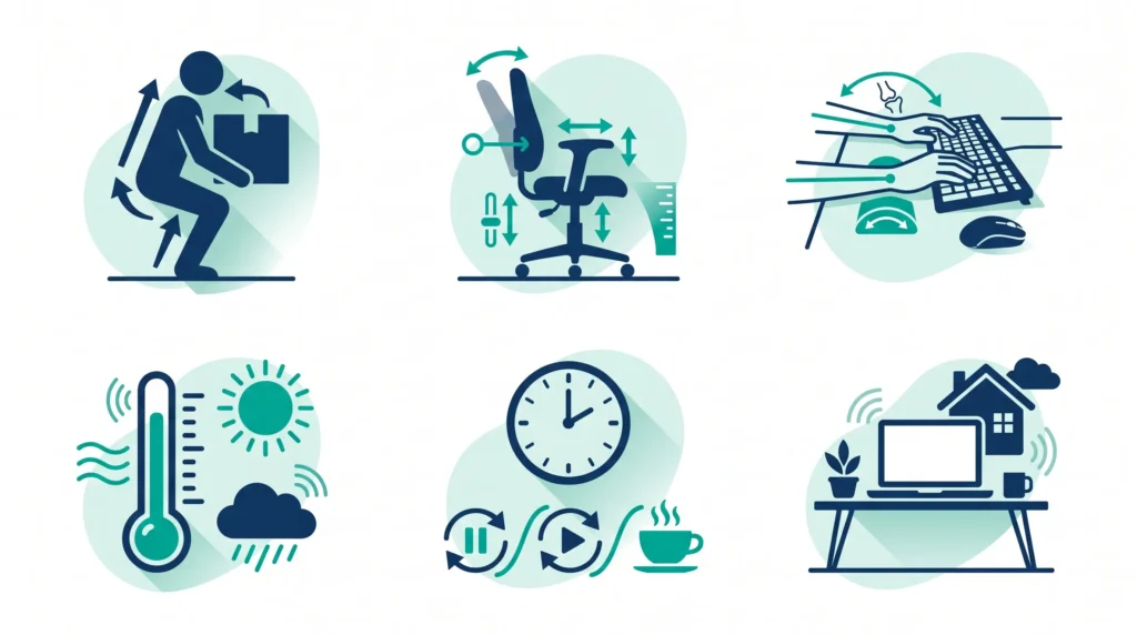 Infográfico com as seis categorias de riscos ergonômicos da NR-17 que toda empresa em Manaus deve avaliar
