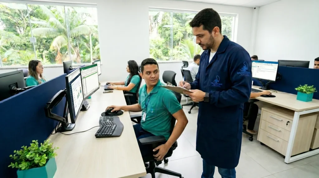 Técnico de saúde ocupacional avaliando posto de trabalho ergonômico em empresa de Manaus conforme NR-17
