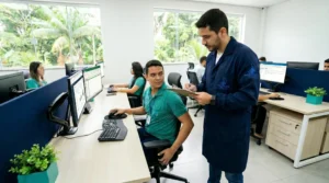 Técnico de saúde ocupacional avaliando posto de trabalho ergonômico em empresa de Manaus conforme NR-17