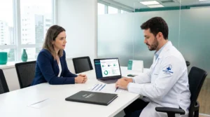 Gestora de RH e médico do trabalho da Saúde Prime revisando relatório de conformidade ao terceirizar saúde ocupacional Manaus